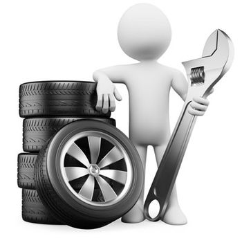 Computer generated figure holding an adjustable spanner whilst standing by a selection of tyres